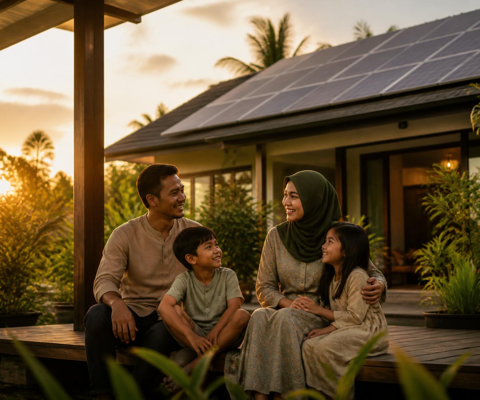 A Sabah family enjoying sunset at their home with rooftop solar