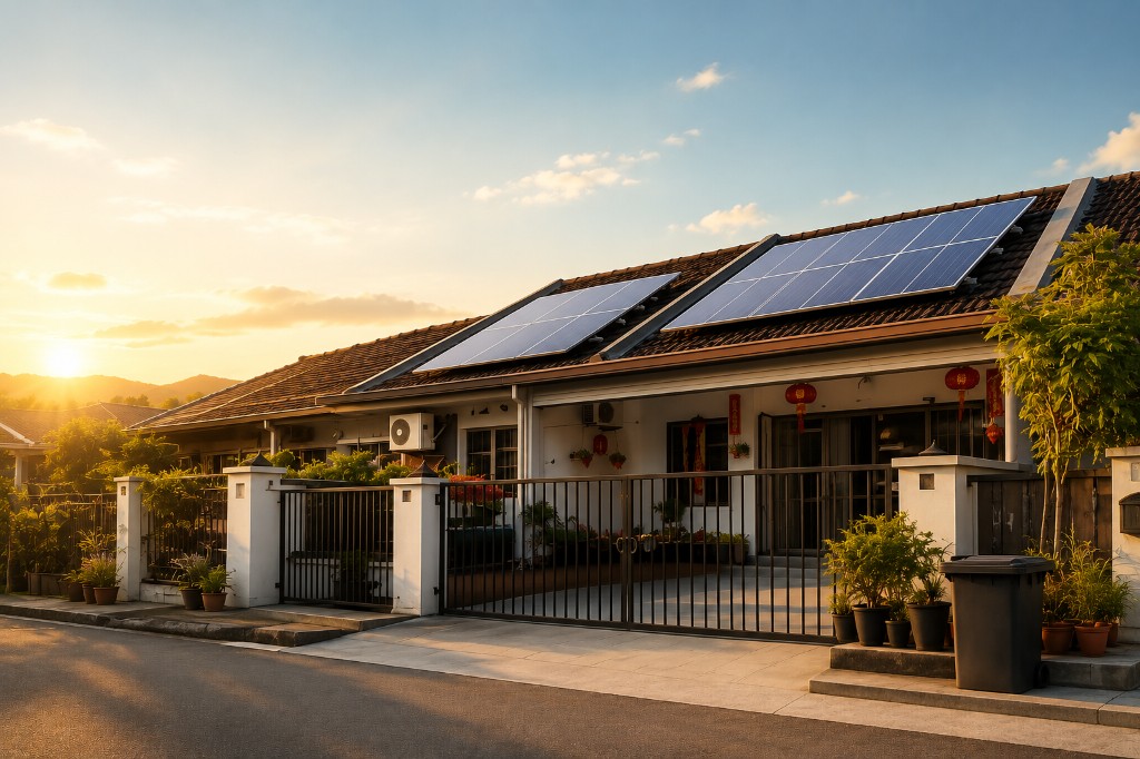 Modern Sabah bungalow at golden hour with rooftop solar panels
